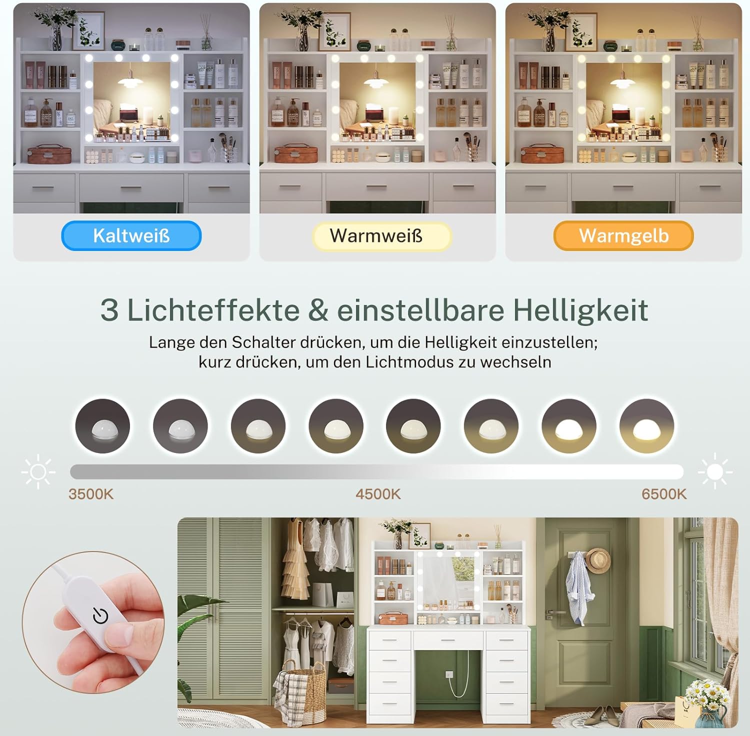 TEENFON Schminktisch mit 3-Farben-LED-Spiegel, Einstellbarer Helligkeit, Kosmetiktisch mit 9 Schubladen und 7 Ablagefächern, Moderner Schminktisch für Schlafzimmer und Ankleidezimmer, Weiß