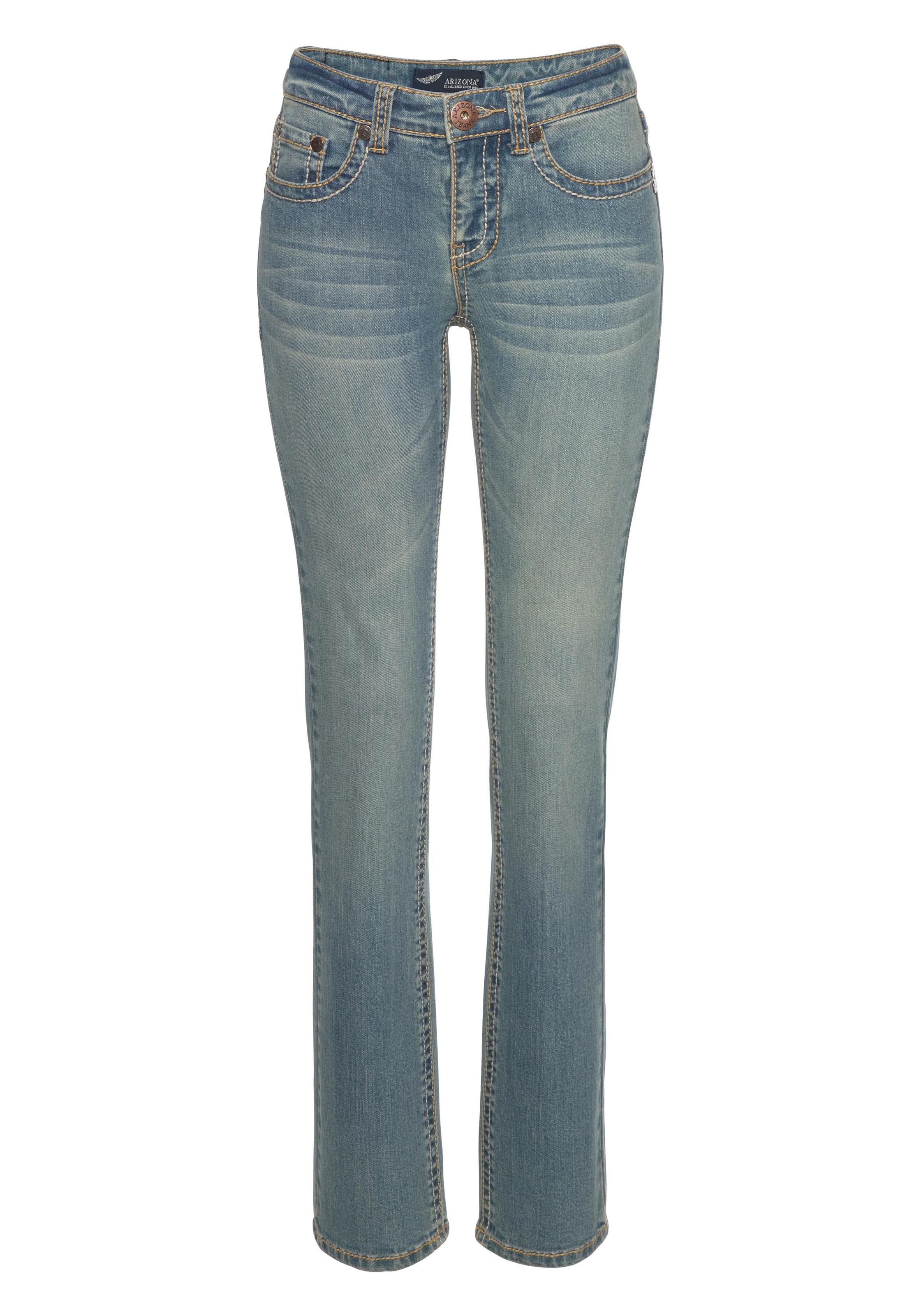 Arizona Gerade Jeans »Kontrastnähte«, niedrige Leibhöhe,  in 5-Pocket-Form,  Used-Look-Waschung