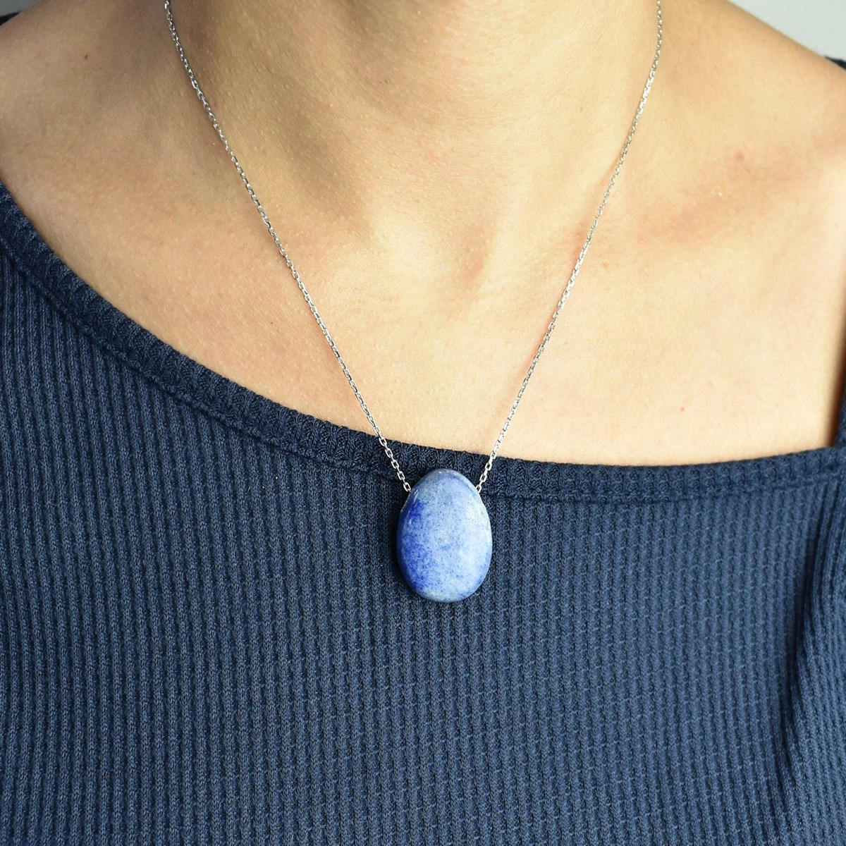 Collier pierre naturelle aventurine couleur bleue et blanche Argent 925 Rhodié