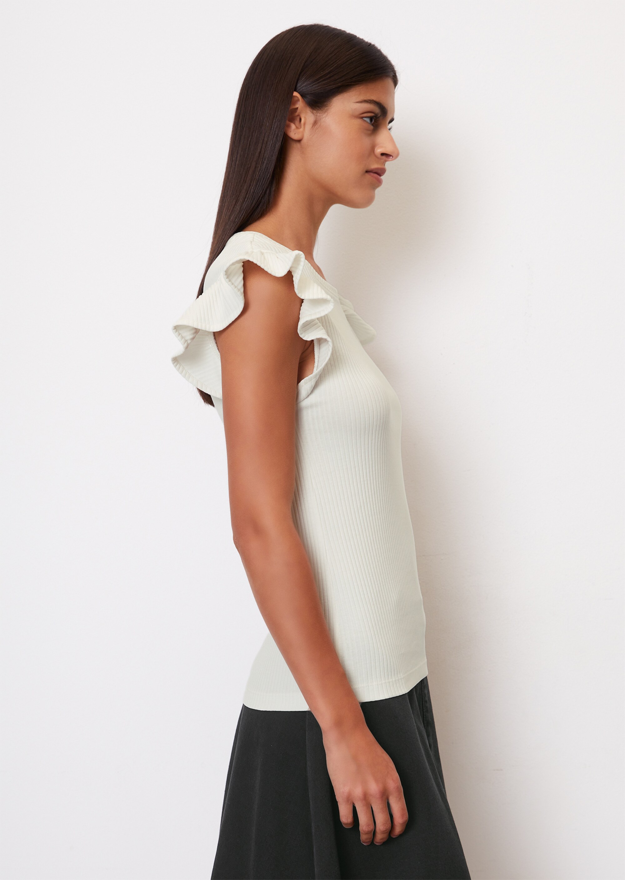 T-Shirt mit Volantärmeln slim aus Ripp-Stretch-Jersey