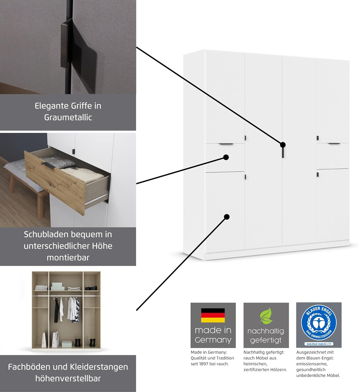 Rauch Möbel Ticao, Drehtürenschrank, Kleiderschrank, Kleiderschränke, Garderobe, Schrank mit Stauraum, 10-türig, 2 Schubladen, inkl. Türdämpferset, Farbe Weiß-Eiche Artisan, Holz, 271x210x54cm