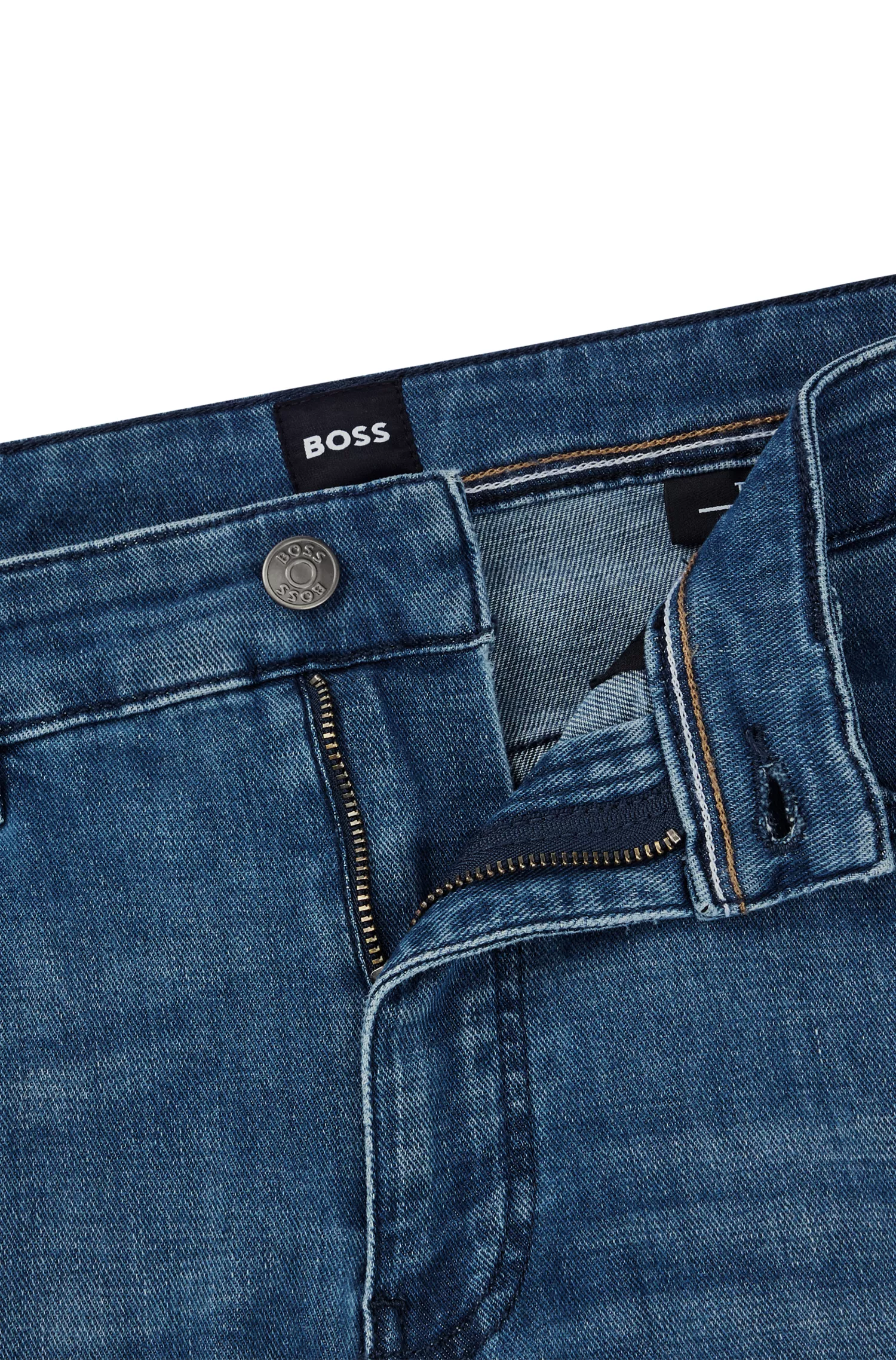 Calça jeans BOSS preta, corte afunilado, em denim elástico azul.