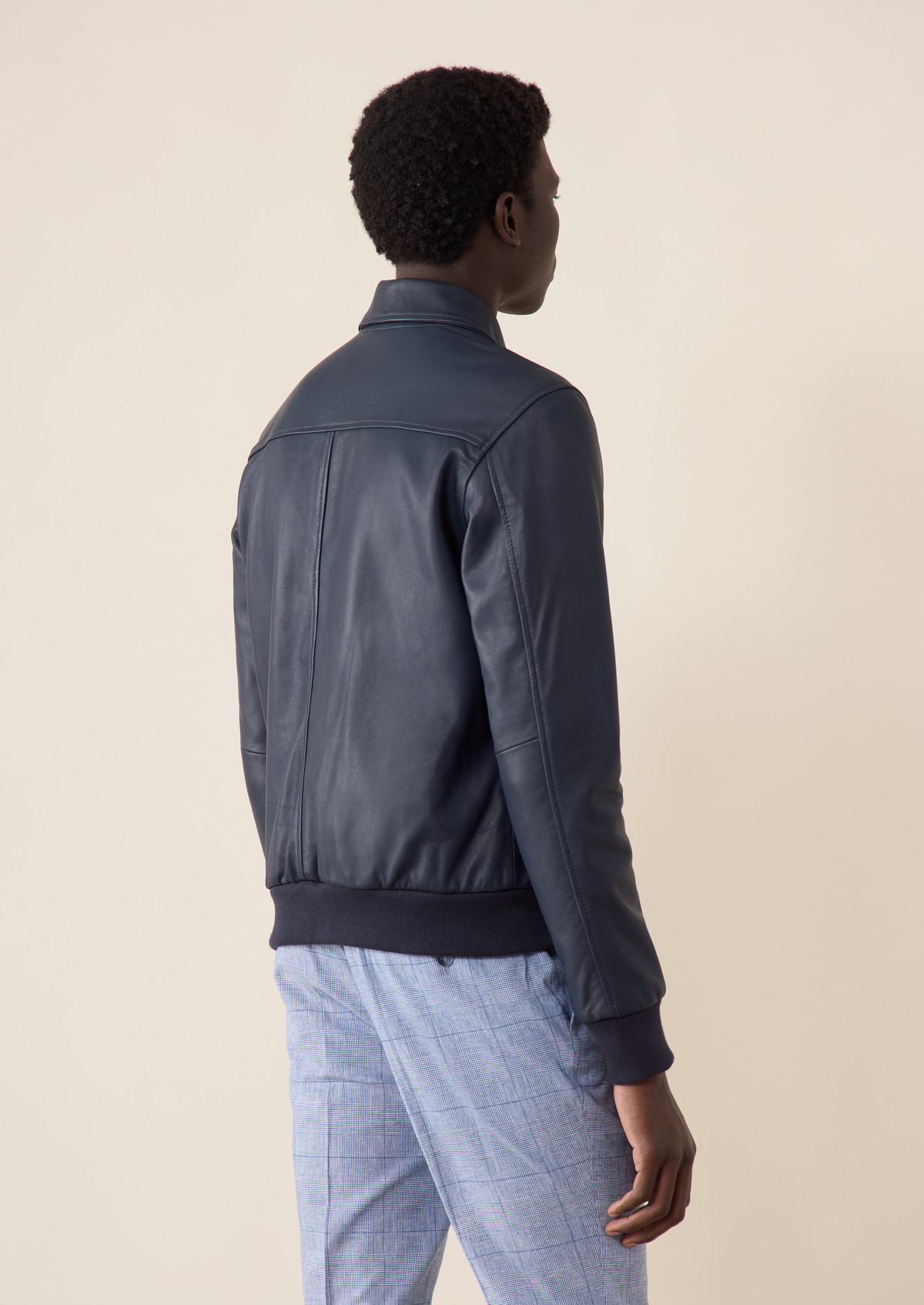 Blouson en cuir bleu marine