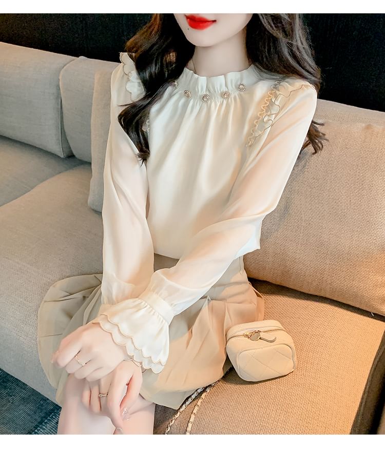 Dragan Pulse - Blouse met pofmouwen en hoge hals, effen, geplooid en strass steentjes