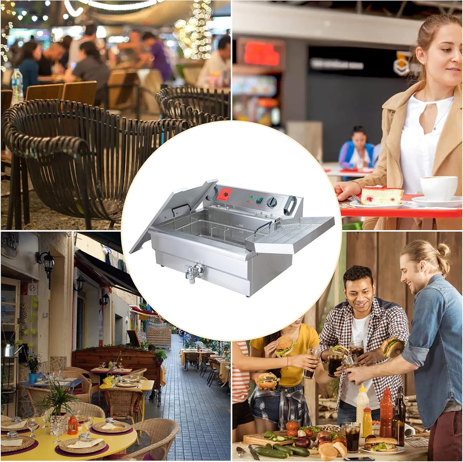Valgus Kommerzielle elektrische Fritteuse aus Edelstahl 3000W 30L Großraum-Küchenbratmaschine mit Korb und Deckel, Abflusssystem für Restaurant und Zuhause