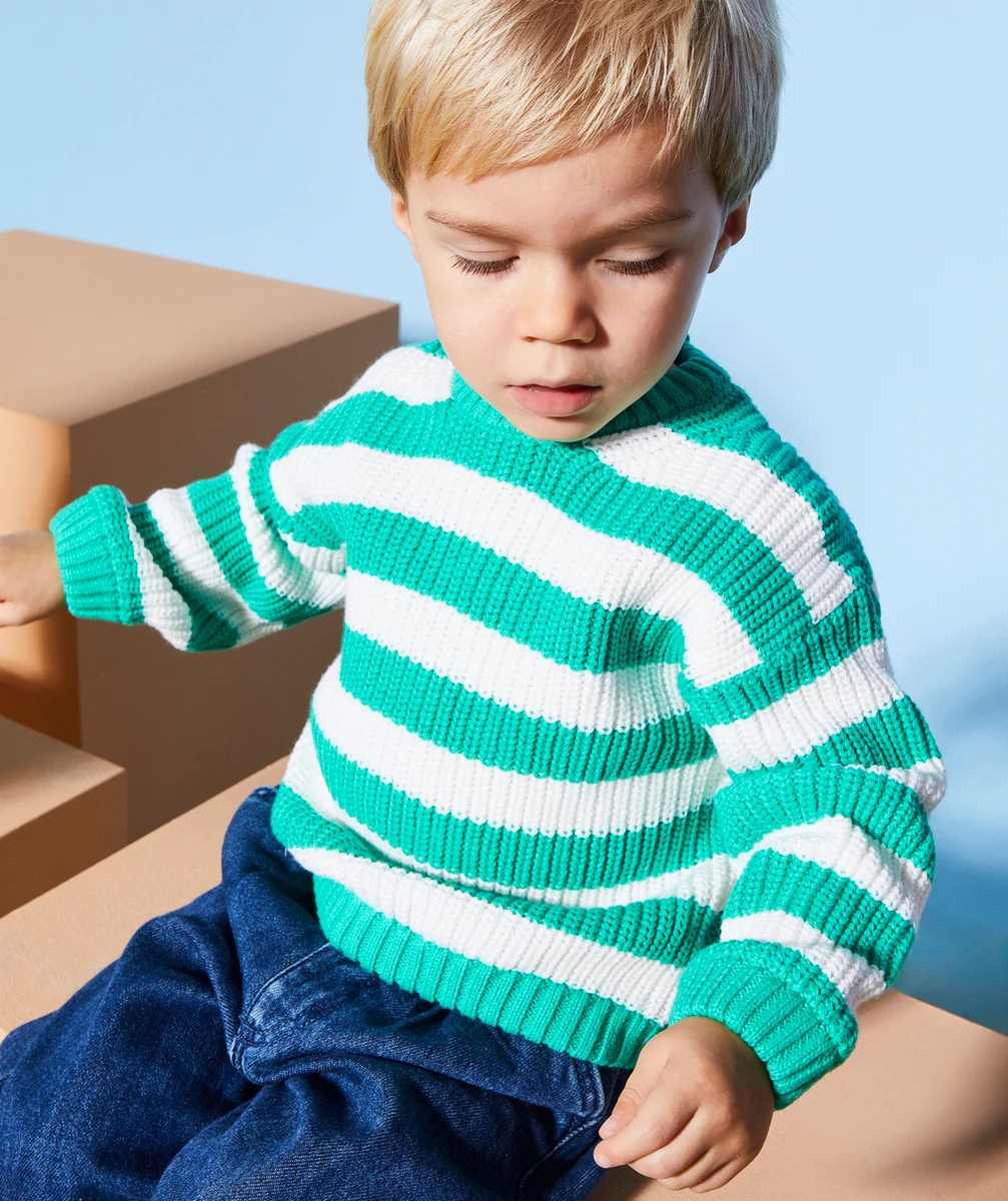 PULL EN TRICOT BÉBÉ GARÇON EN COTON BIO AVEC RAYURES VERTES