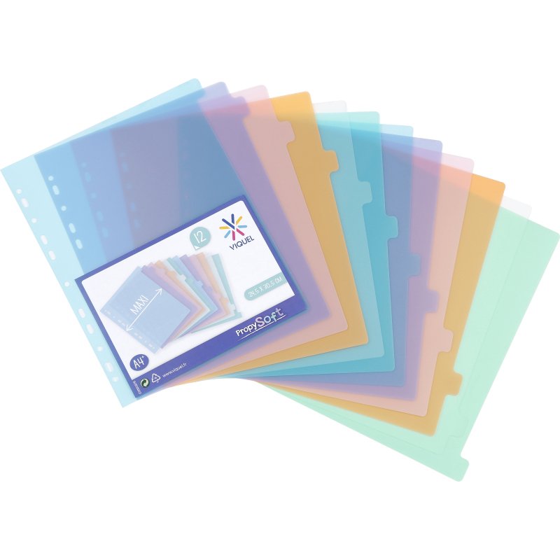 Intercalaires A4+ polypropylène coloré Propysoft Viquel 12 onglets neutres - 1 jeu