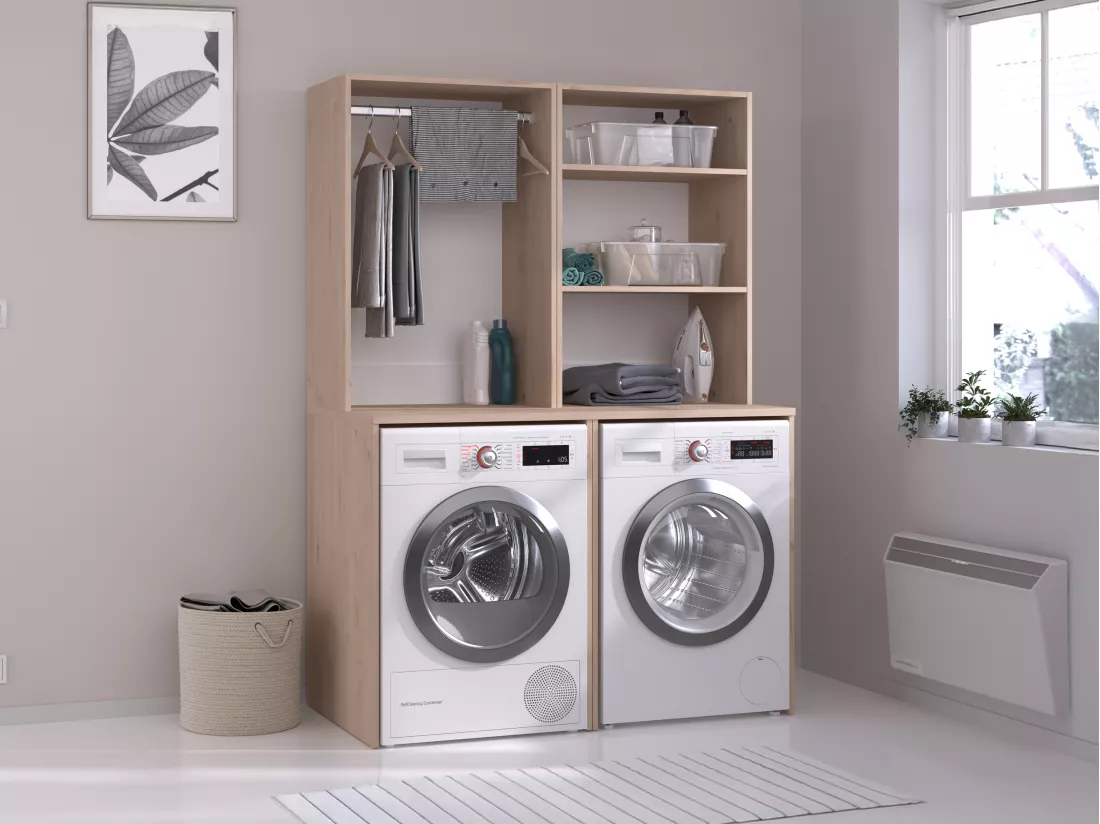 Meuble pour 2 machines à laver avec penderie et étagères - Naturel clair - H184 x L128 cm - ERKANO