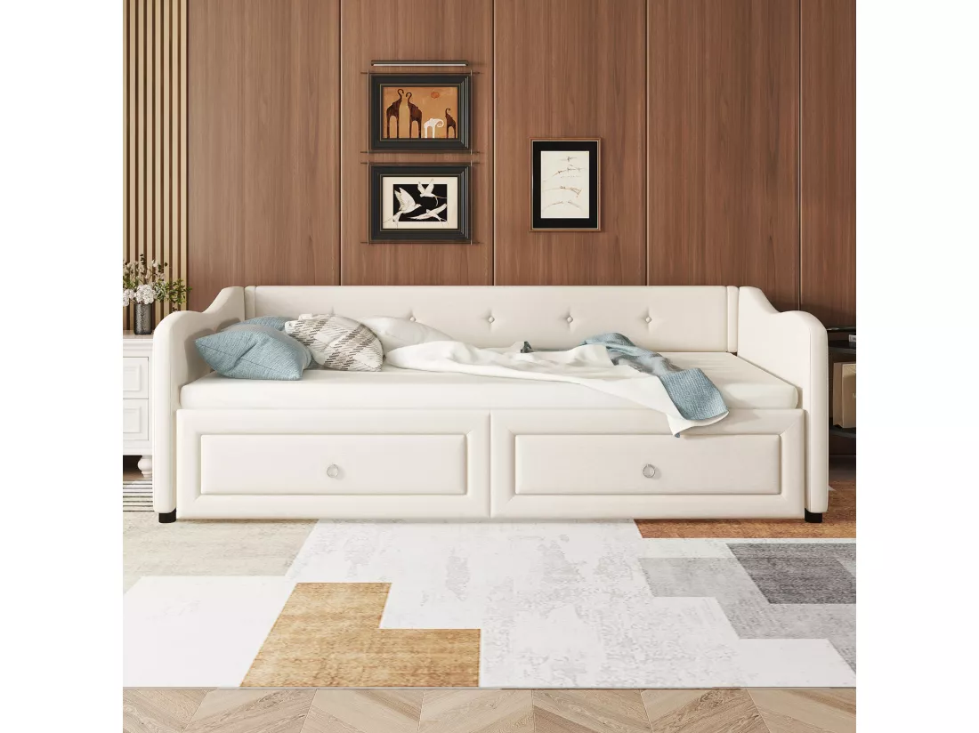Lit gigogne 90/180 x 200 cm avec 2 tiroirs - tissu en lin - beige (sans matelas)