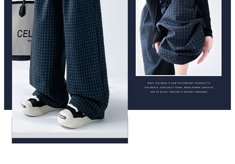 KONGER - Geruite broek met wijde pijpen en trekkoordtaille