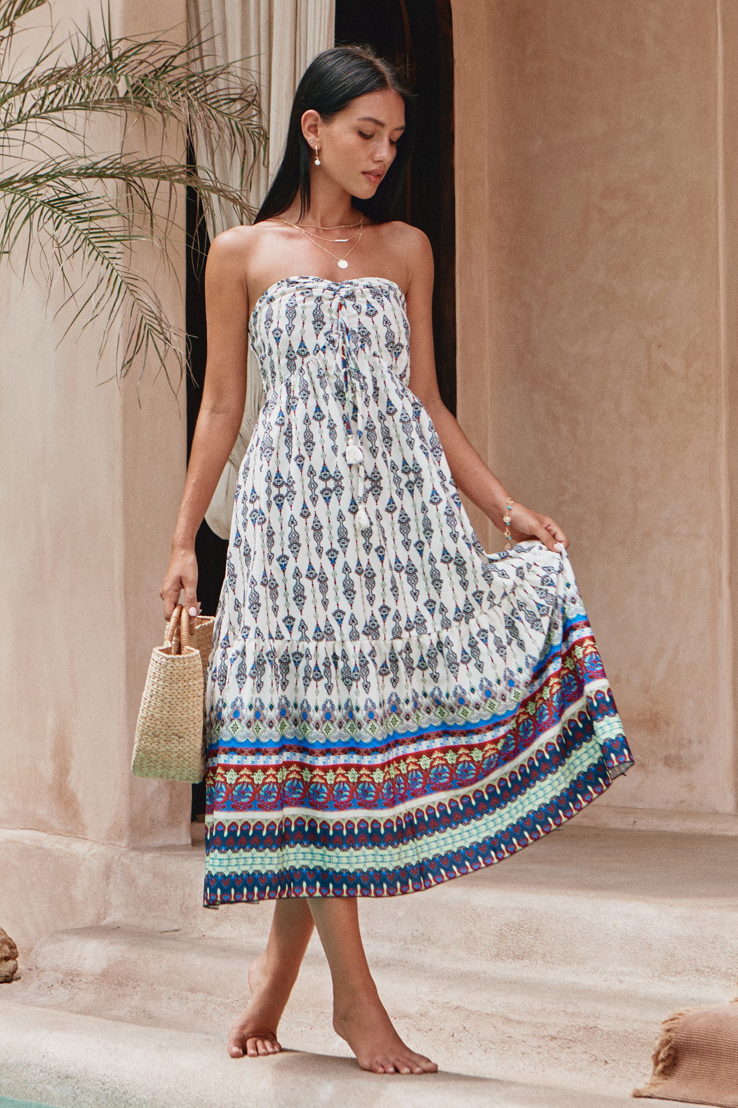 Robe midi sans bretelles à col en cœur boho