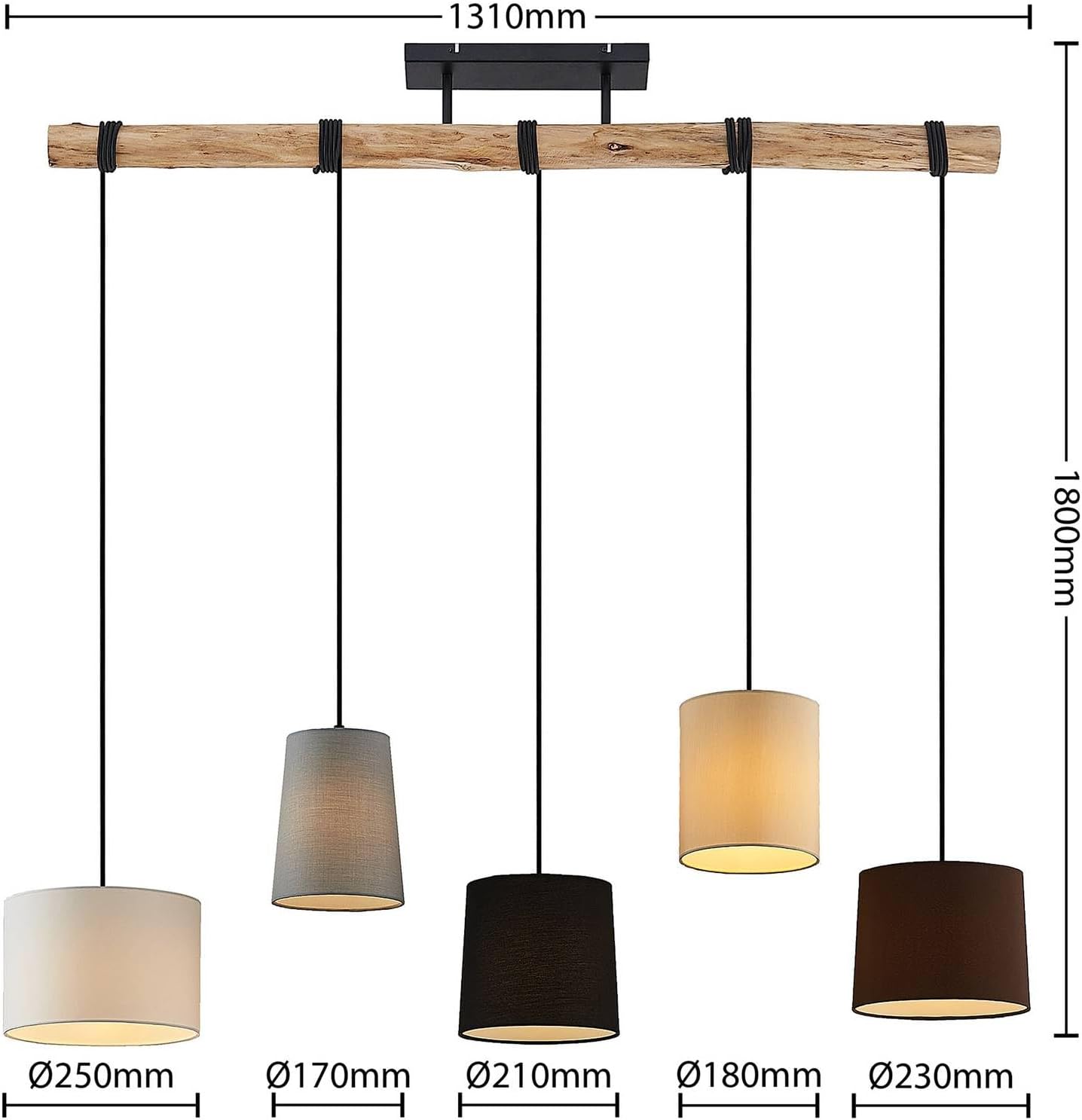 Lindby Esstisch Pendelleuchte Holz, Textil Balkenpendelleuchte Holzast und Stoff Lampenschirm Hängelampe Lampe Wohnzimmer 5x E27 ohne Leuchtmittel