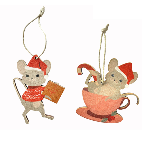 Suspensions en bois DIY thème Les petites souris de Noël H.9 cm x 10