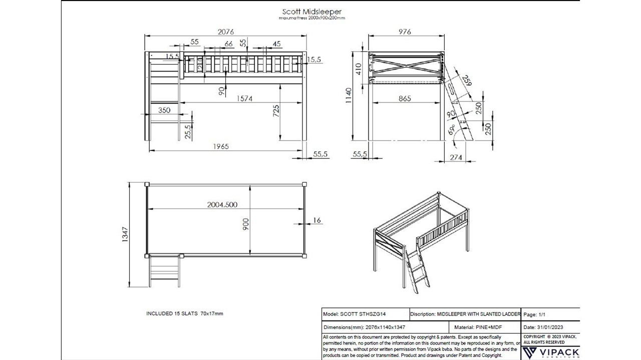 Halfhoogslaper Scott met bureau en 2 commodes wit
