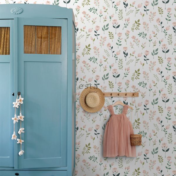 Estahome Bloemen Behang I - 0,53 x 10,05 m - Donkerblauw / Roze / Groen
