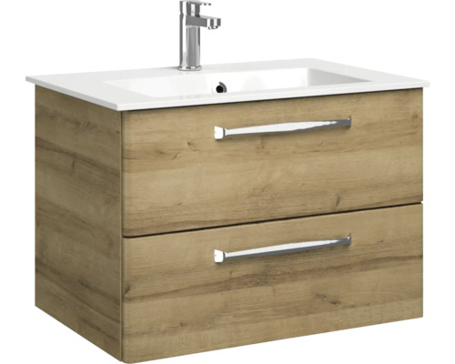 Pelipal Kumba badkamermeubelset (B x H x D): 107 x 200 x 50 cm, frontkleur: Riviera eiken, 5-delige set inclusief witte mineraalstenen wastafel, badmeubel en wandkast (99.770121474)