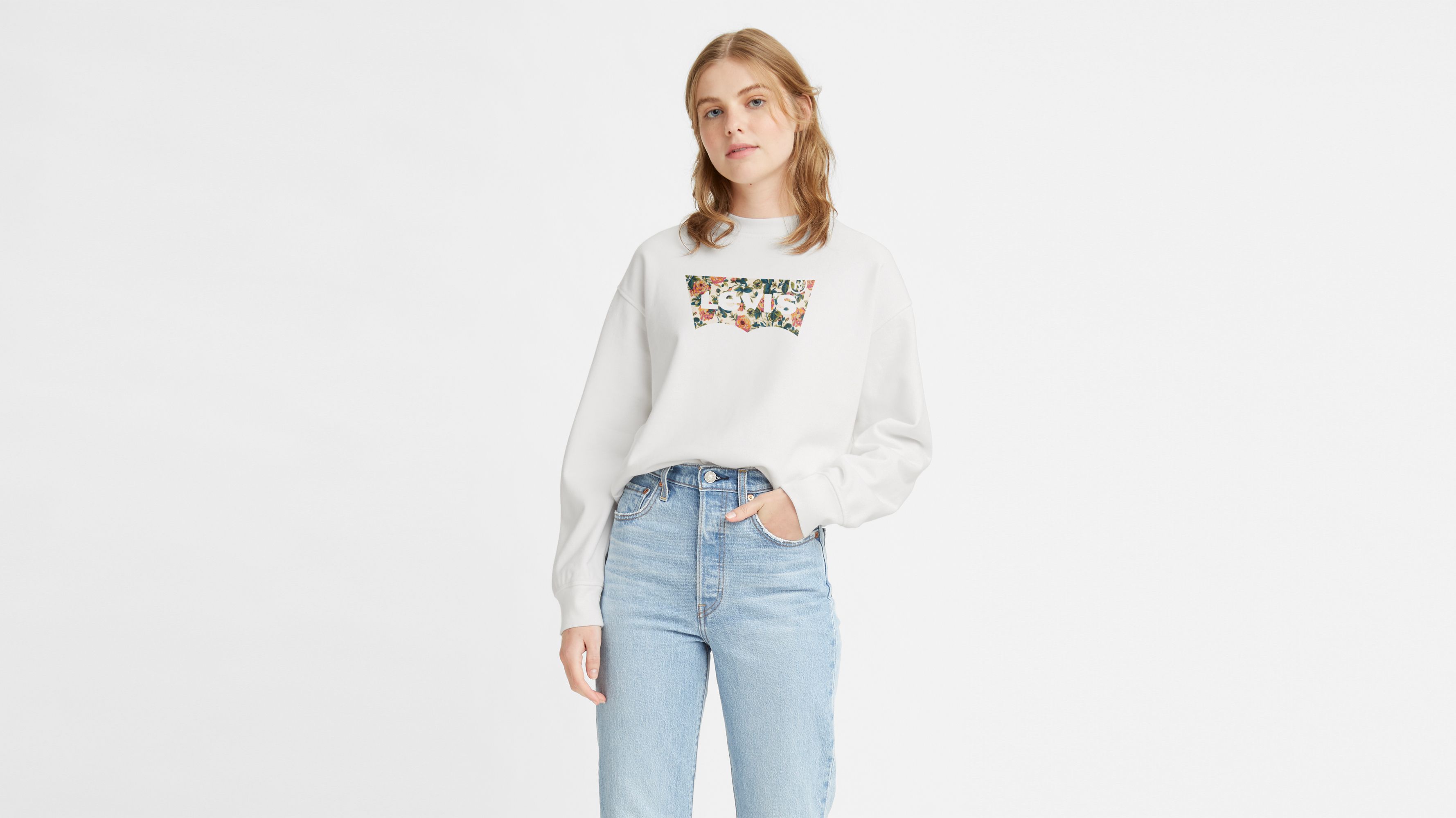 Sweat-shirt graphique à col rond standard - Kinsley Floral Bw Fill_Crew Gardenia - Blanc