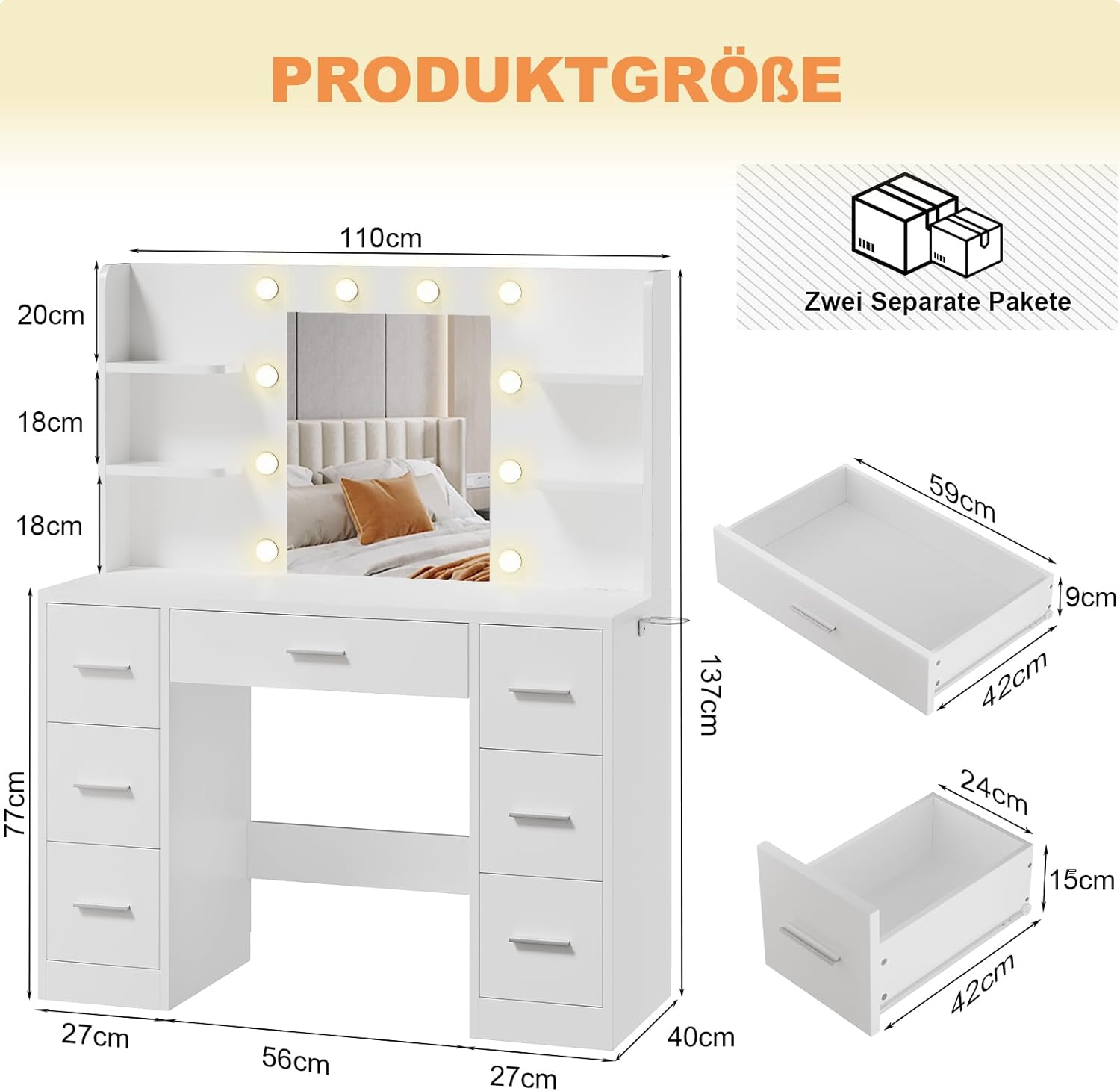 Airfish Große Schminktisch mit LED-Beleuchtung, Einstellbarer Helligkeit, Frisiertisch mit Spiegel, 7 Schubladen und Steckdose,4 Ablagen, Modern, für das Schlafzimmer (Weiß)