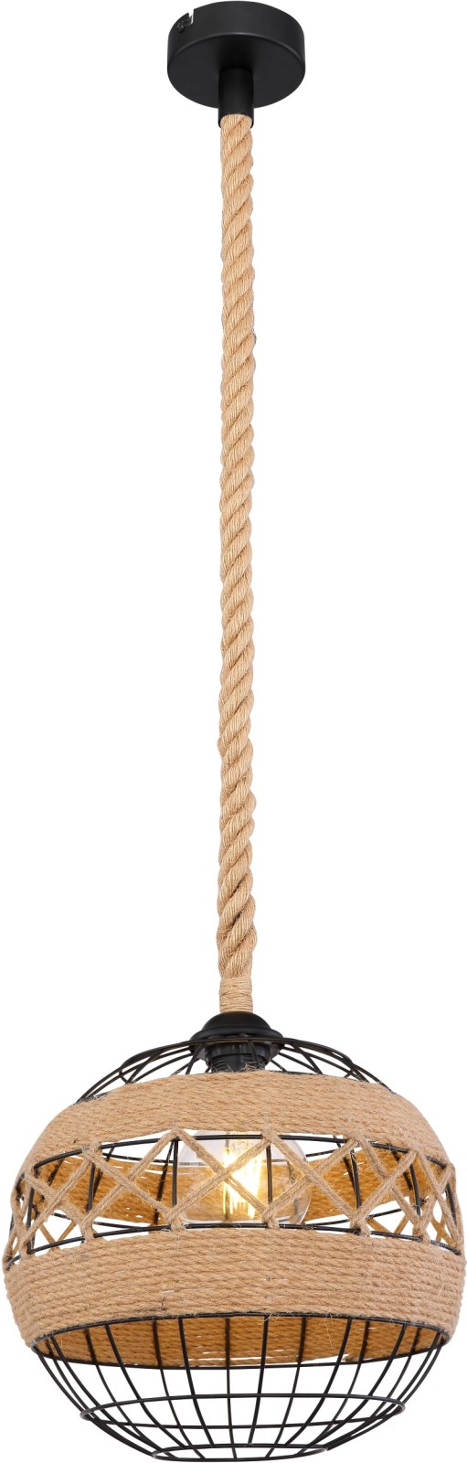 Pendelleuchte - schwarz matt - braun - Metall-Hanfseil - 30 cm