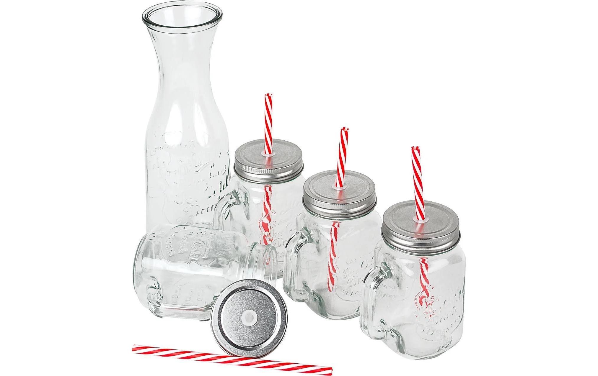 Trinkglas mit Halm und Karaffe 420 ml, 1 Stück, TransparentSechsteiliges Gläser-Set im Mason-Jar-Stil