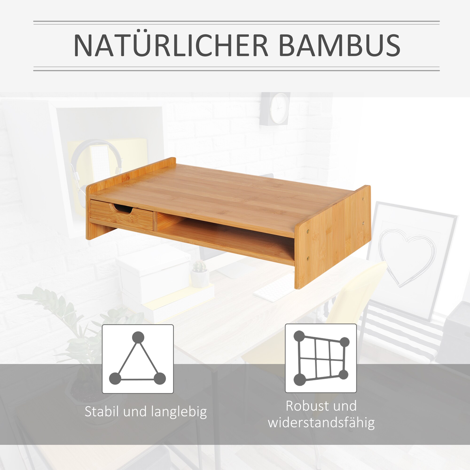 HOMCOM Monitorständer mit Schublade natur 49 x 25,5 x 11,5 cm (LxBxH)
