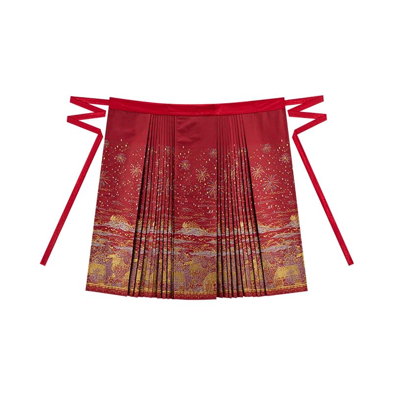 Keiko Girl - Hanfu-top met pofmouwen en bloemenjacquard / geplooide midi-rok met hoge taille en print / set