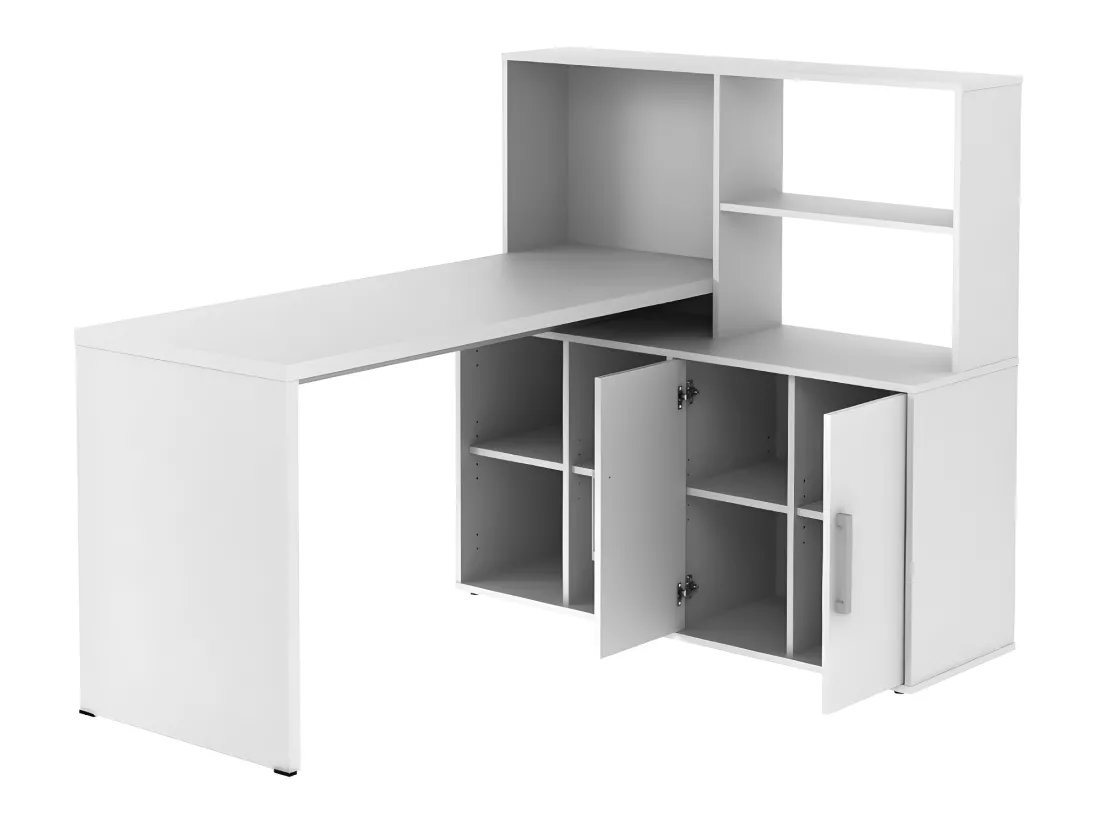Bureau d'angle LEON avec rangements et étagères - Blanc