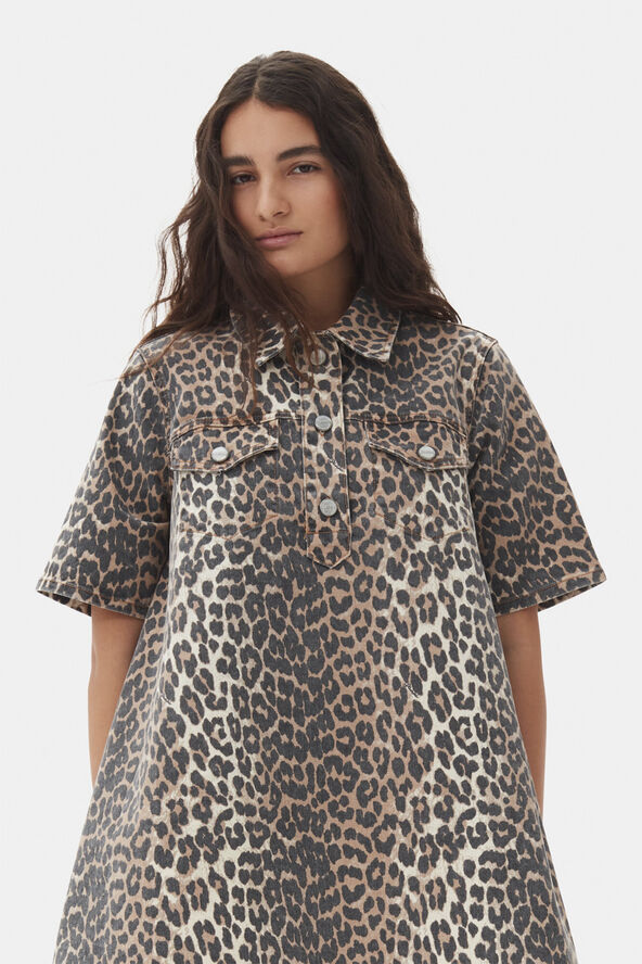 Ganni Print Denim Mini Dress Leopard