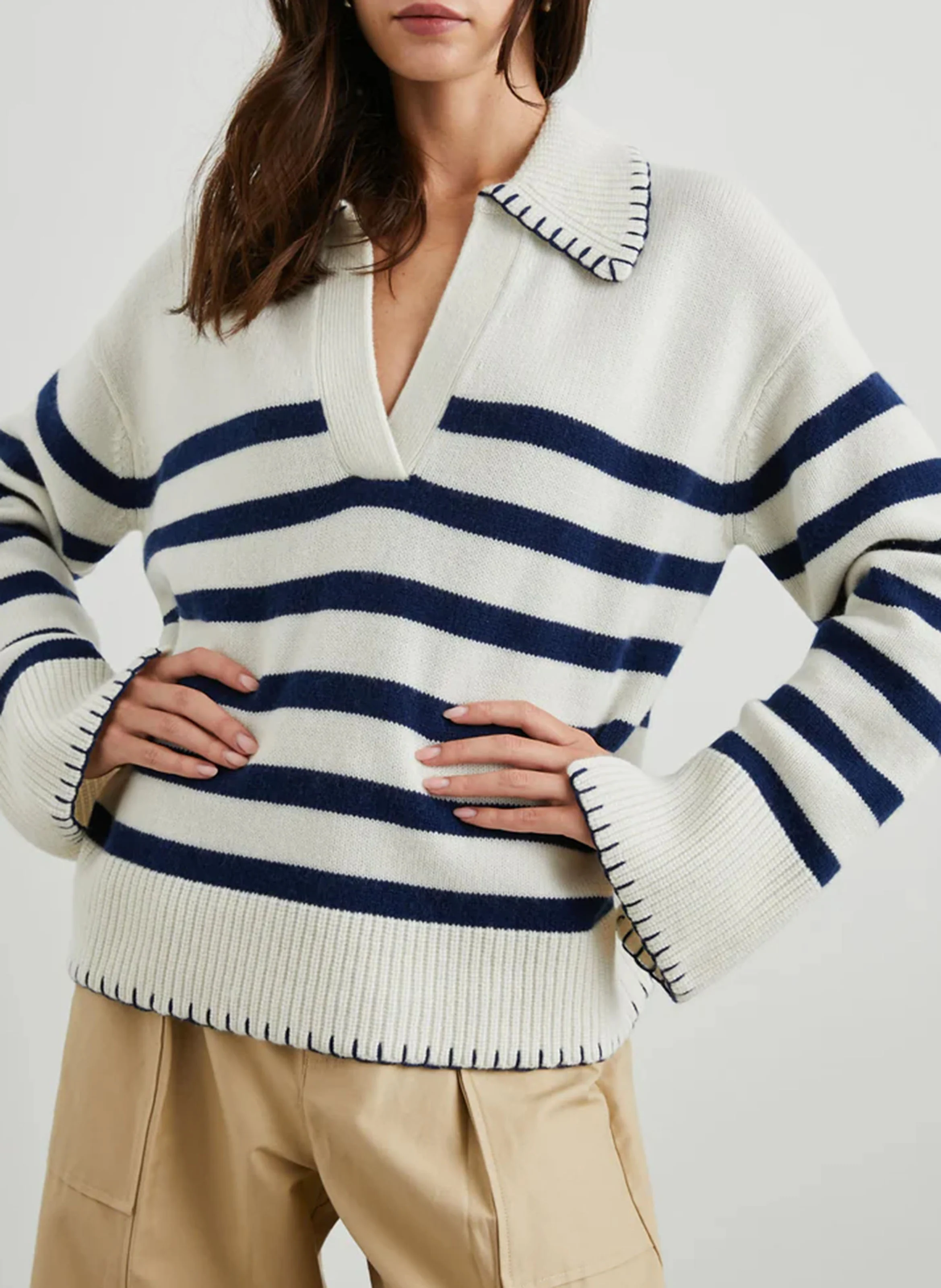 ATHENA - Pull col classique rayé en coton | Bleu