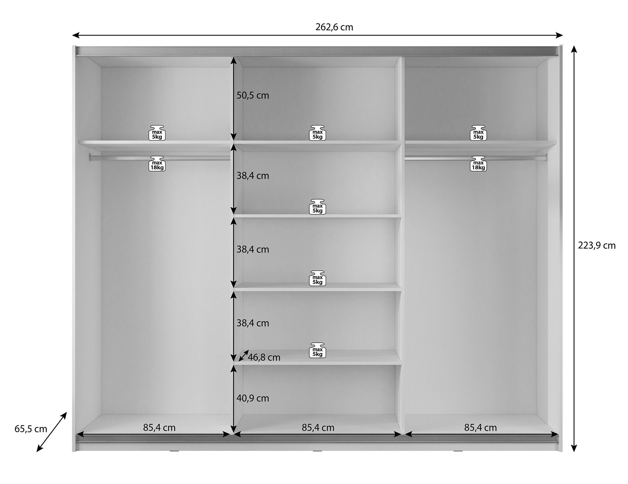 Mariah - Kledingkast met schuifdeuren - Wit - 263x66x224 cm