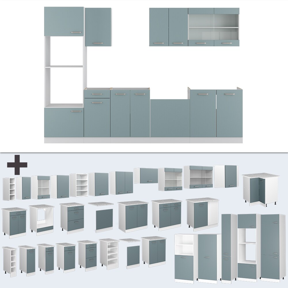 Vicco Küchenzeile R-Line Solid Weiß Blau Grau 300 cm modern Küchenschränke Küchenmöbel
