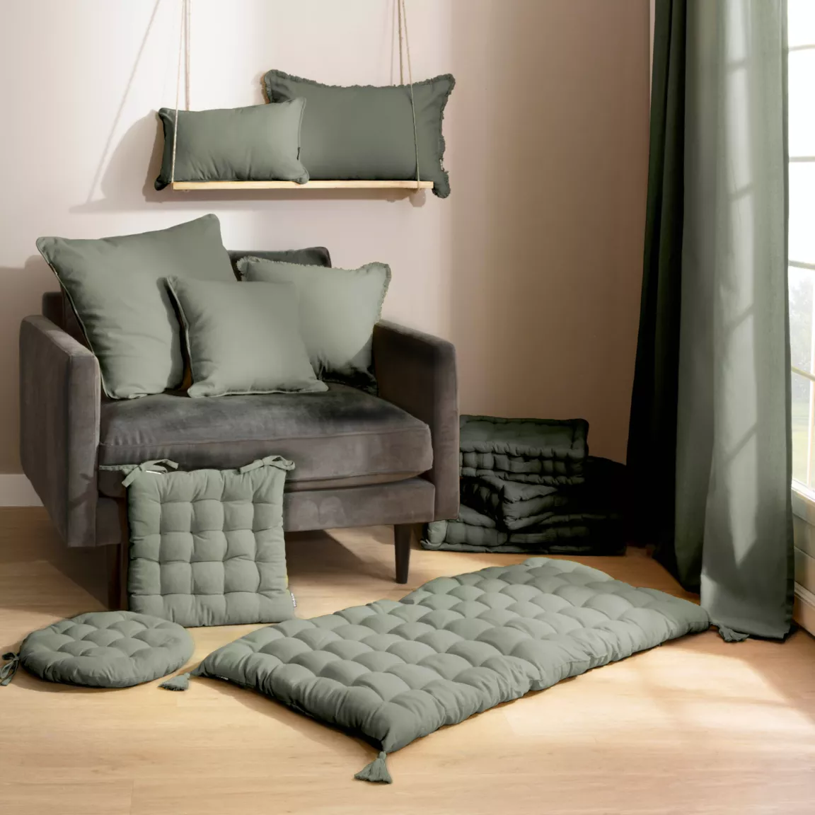 Coussin de chaise rond coton (40 cm) Pixel Vert kaki