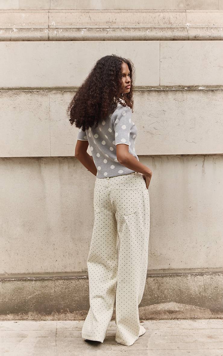 Cream Polka Dot Jean Taille Basse Coupe Large