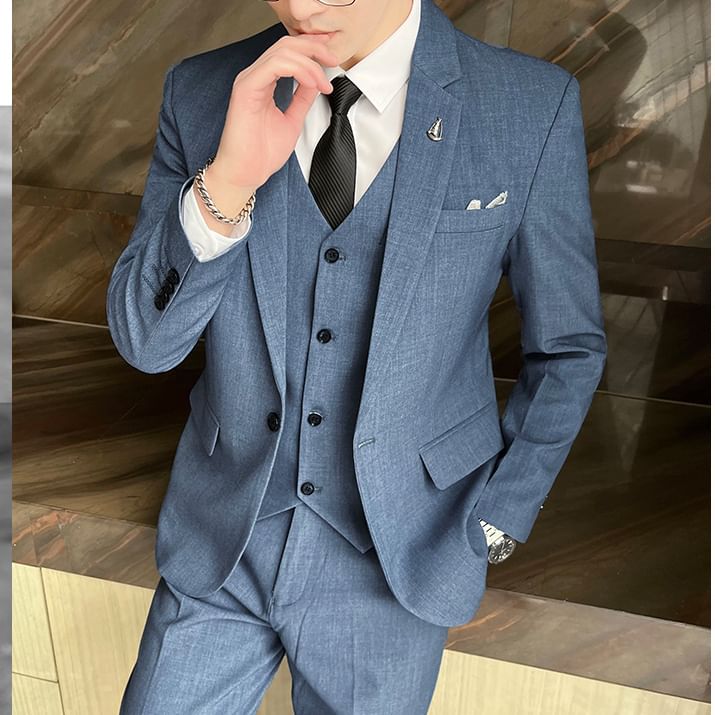 Bay Go Mall - Set: V-hals effen gilet met knoopjes + blazer met één knoop + rechte pantalon met hoge taille