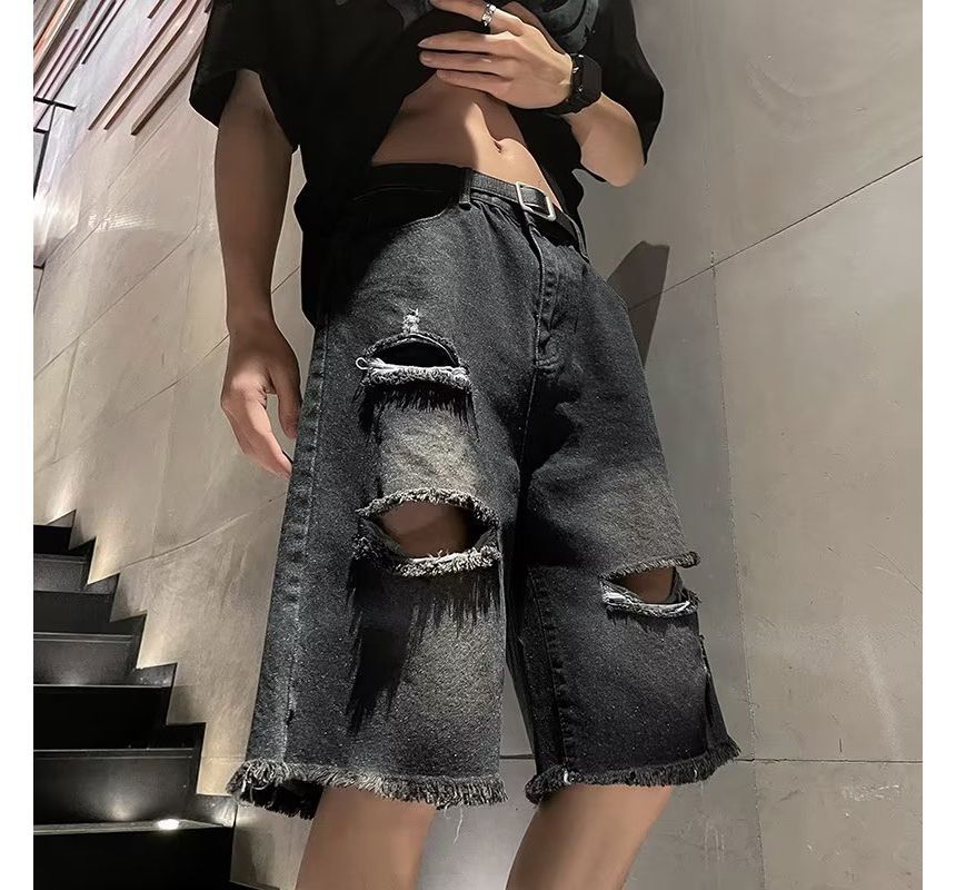 Ateso - Hoge taille denim shorts met rechte pijpen en versleten look