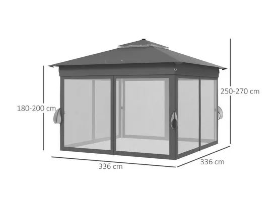 Tonnelle Portable 3 x 3 m, Pop-up, avec LED solaire, 4 rideaux, double toit, hauteur réglable, sac de rangement avec roues