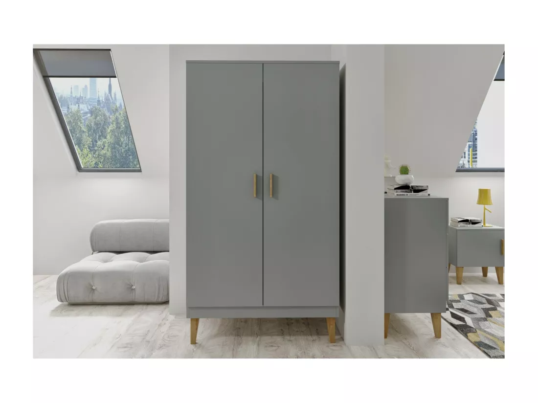 Armoire 2 Portes grise et pieds en bois de chêne Blanka