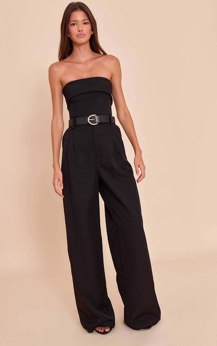 Noir Combinaison-pantalon Large À Bandeau Ceinturée En Tissu Tissé
