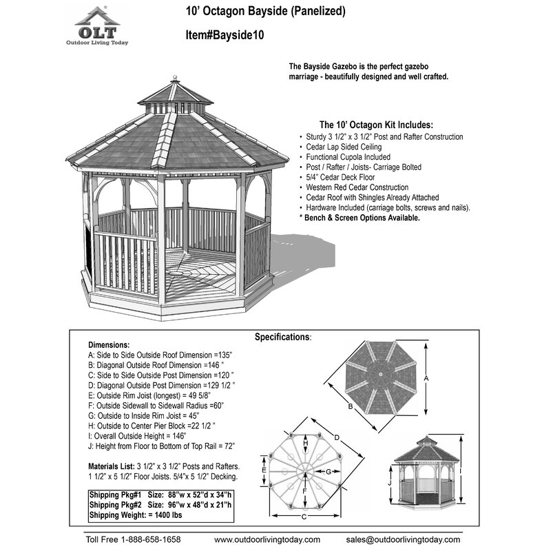 Gazebo de cedro para pátio Bayside, 3 m de largura x 3 m de profundidade