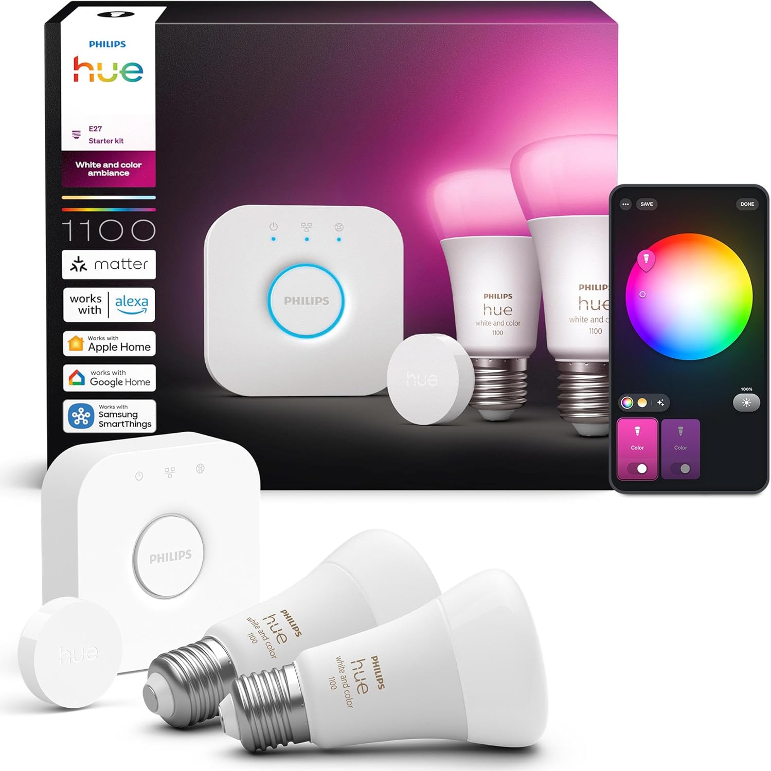Philips Hue Starter Kit: Bridge+3x E27 Smarte LED Lampen+Smart Button Dimmer, White and Color Ambiance, Funktioniert mit Home, Amazon Alexa,  Assistant, SmartThings