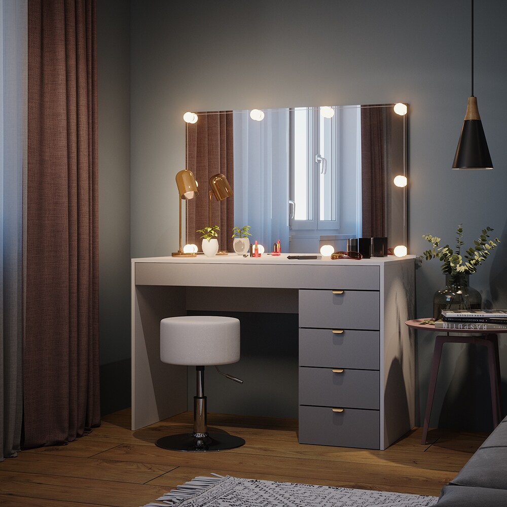 Vicco Schminktisch Elise Weiß Grau 115 x 76 cm modern Frisiertisch Schubladen Spiegel Hocker LED-Beleuchtung