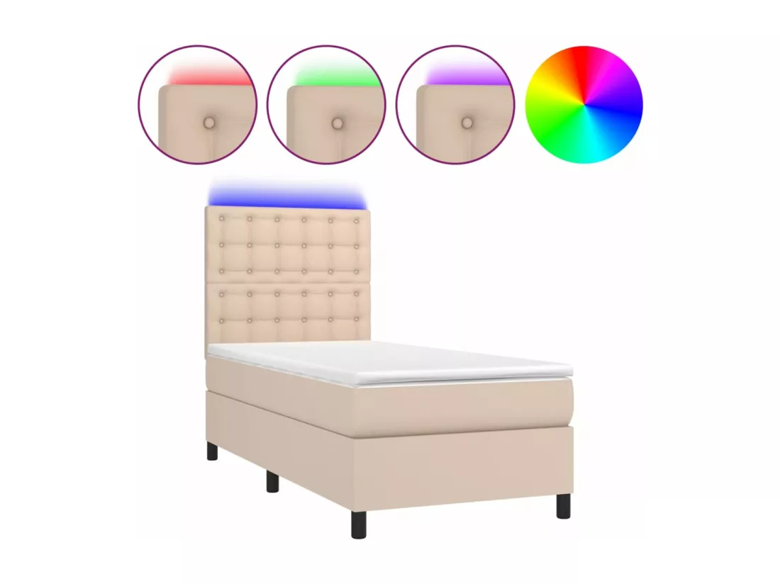 Sommier tapissier matelas et LED Cappuccino 90x200cm Similicuir