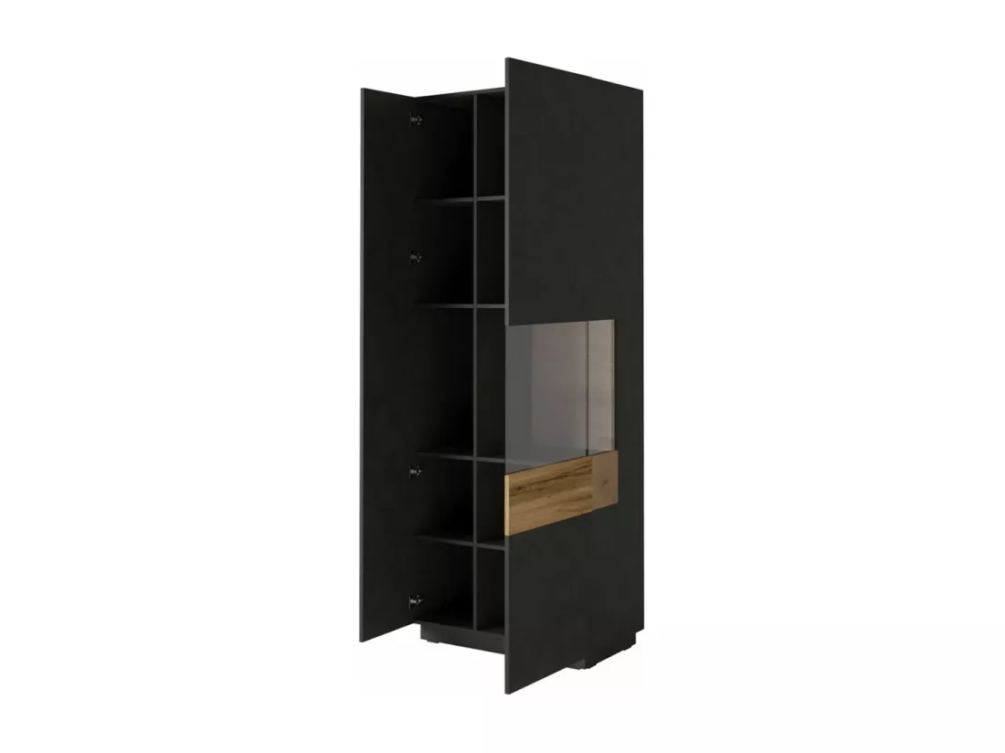 Vitrine collection KILES coloris gris anthracite et chêne. Modèle vitrine à droite. LED intégrée