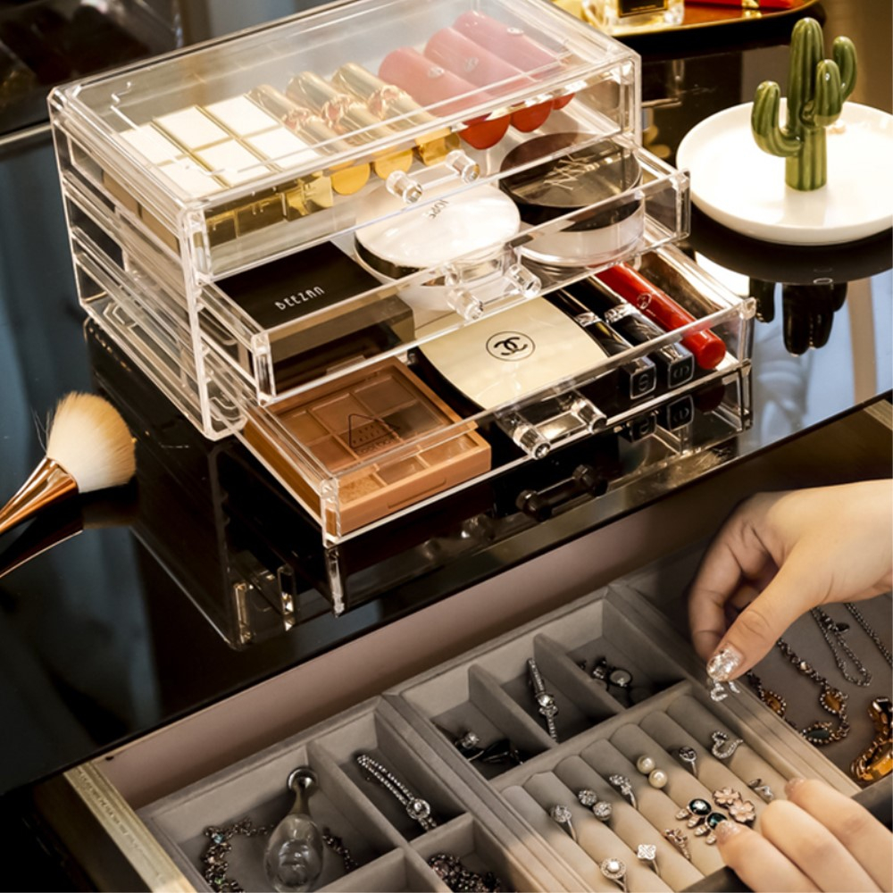 (23x13x11cm) Acryl Schmuckschatulle Aufbewahrungsbox Organizer für Ringe / Ohrringe / Armbänder - Transparent / Grau
