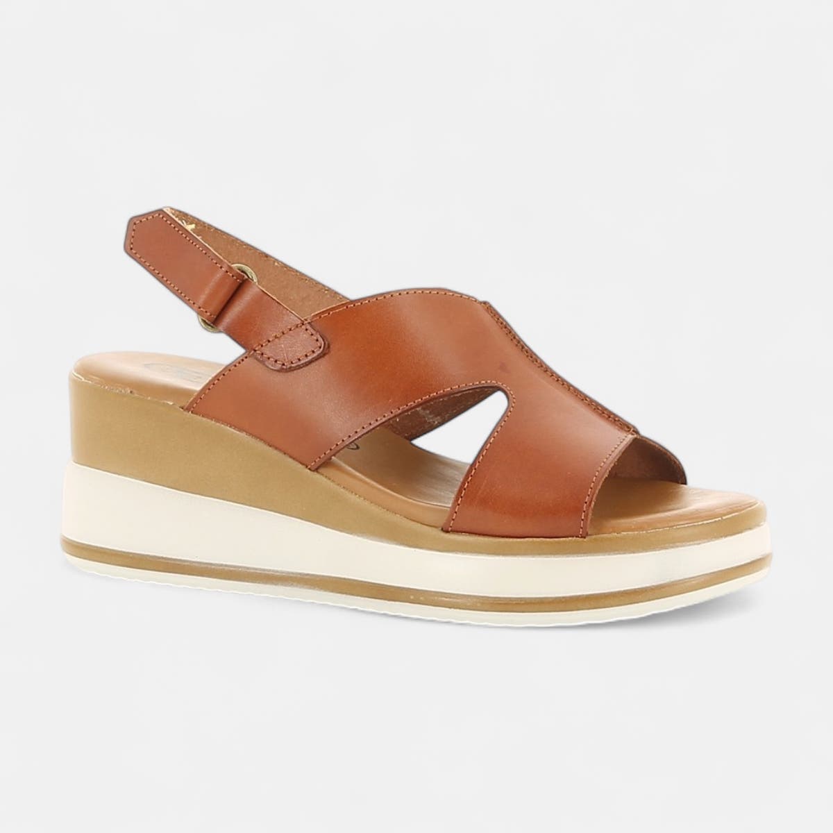 Nu-pieds à talon compensé Femme en cuir cognac