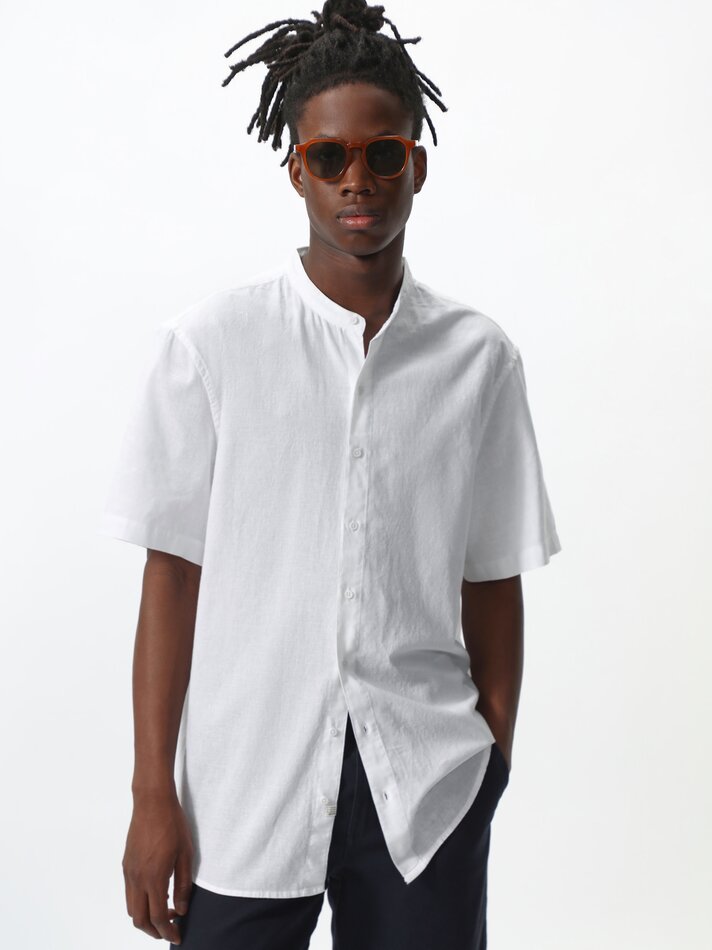 Camisa de manga curta em algodão e linho - Branca