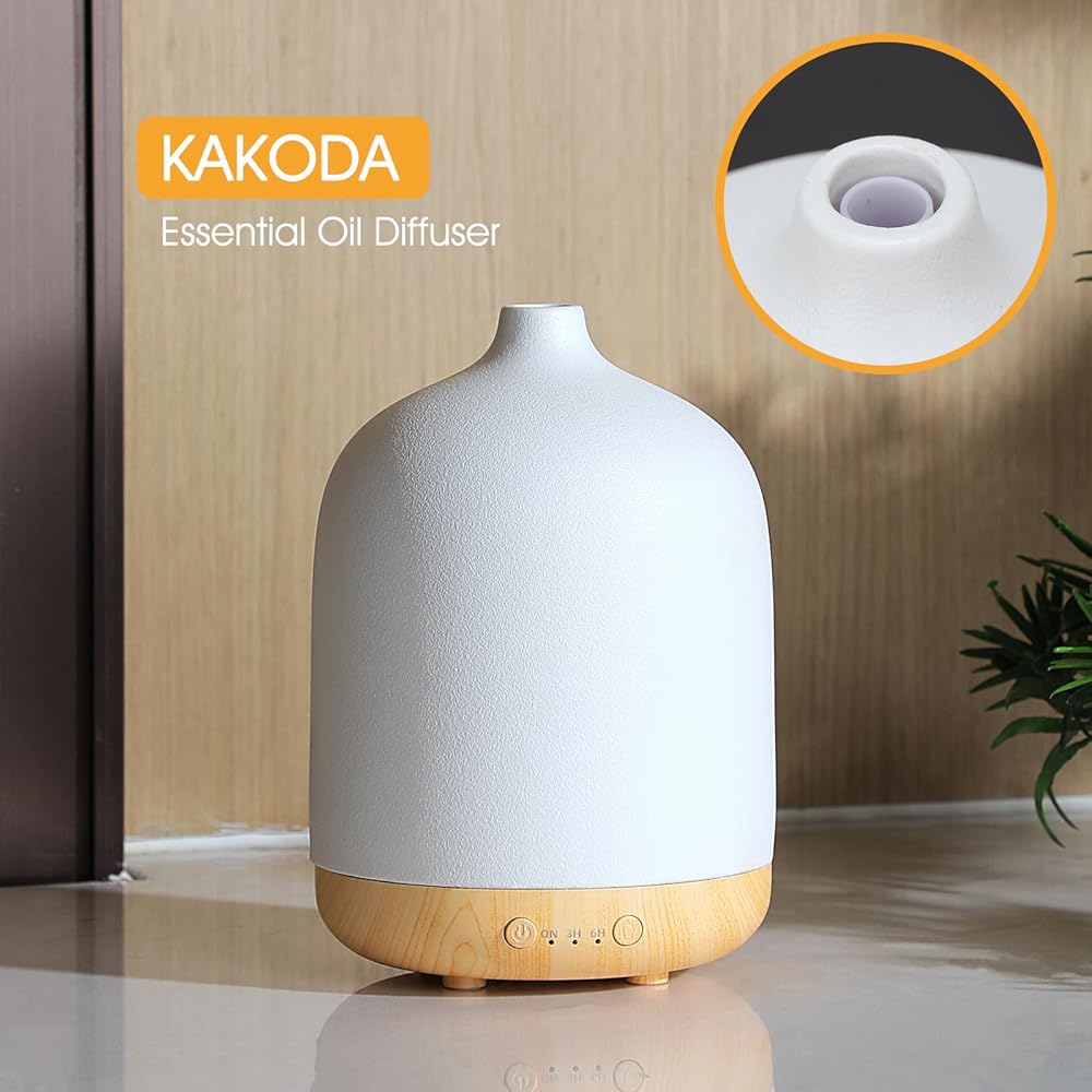 Diffuseur d'huiles essentielles en céramique pour la maison, décoration de chambre à coucher, aromathérapie, diffuseur d'air, diffuseur d'air ultrasonique 250 ml avec grain de bois minuté + blanc : Hygiène et Santé