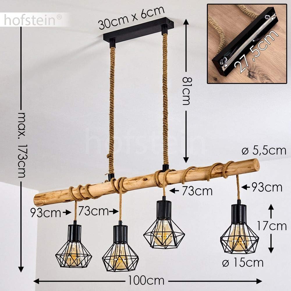 HOFSTEIN Pendelleuchte Bardhaman, Hängelampe aus Metall/Holz/Kordel in Schwarz/Natur, 4-flammig, 4 x E27, Hängeleuchte mit Holzbalken im Retro/Vintage-Design als Esszimmerlampe, Höhe max. 173 cm
