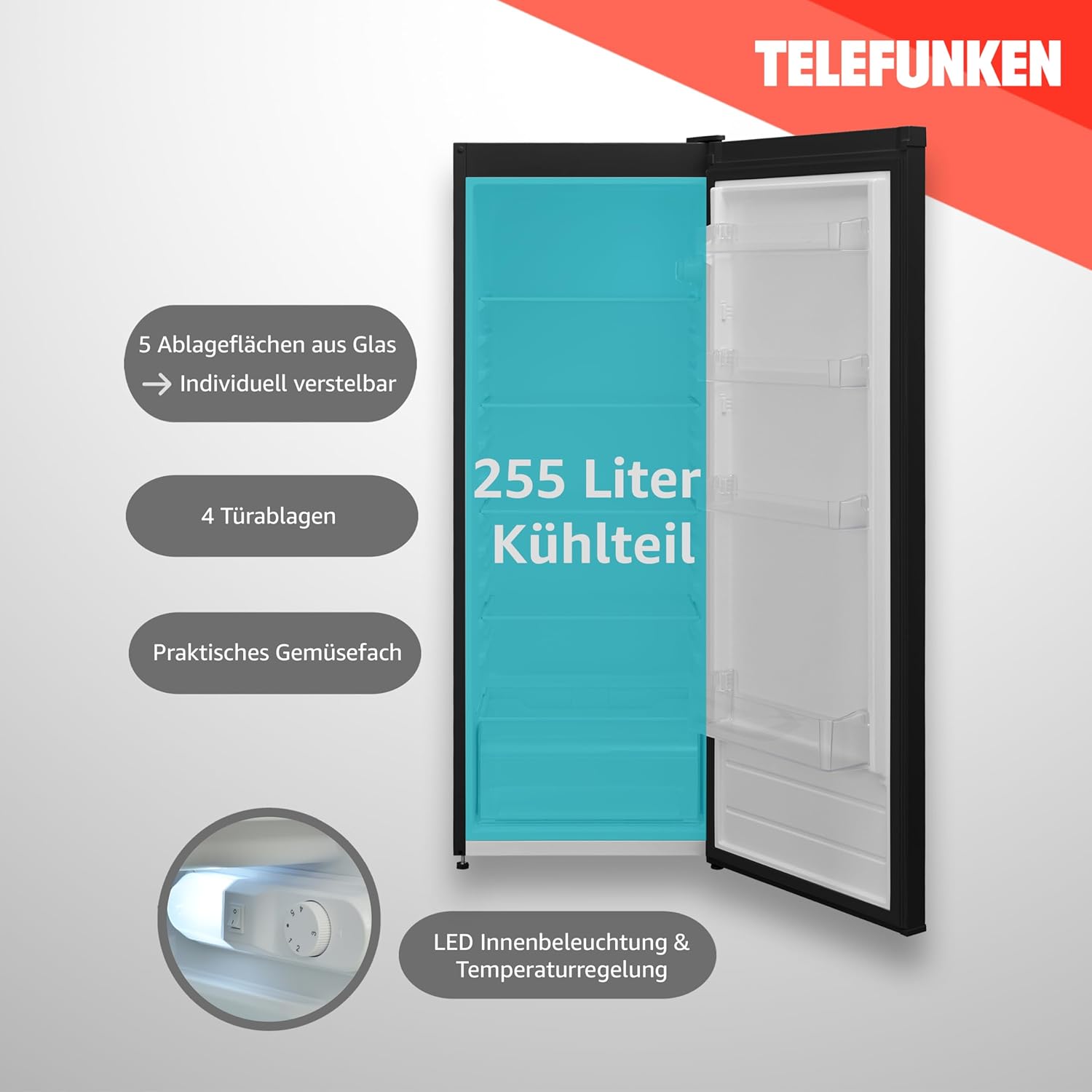 TELEFUNKEN Kühlschrank ohne Gefrierfach 255 Liter | Standkühlschrank groß | Vollraumkühlschrank freistehend mit Gemüsefach | LED-Beleuchtung | Türanschlag wechselbar | KTFK265EDI dark inox