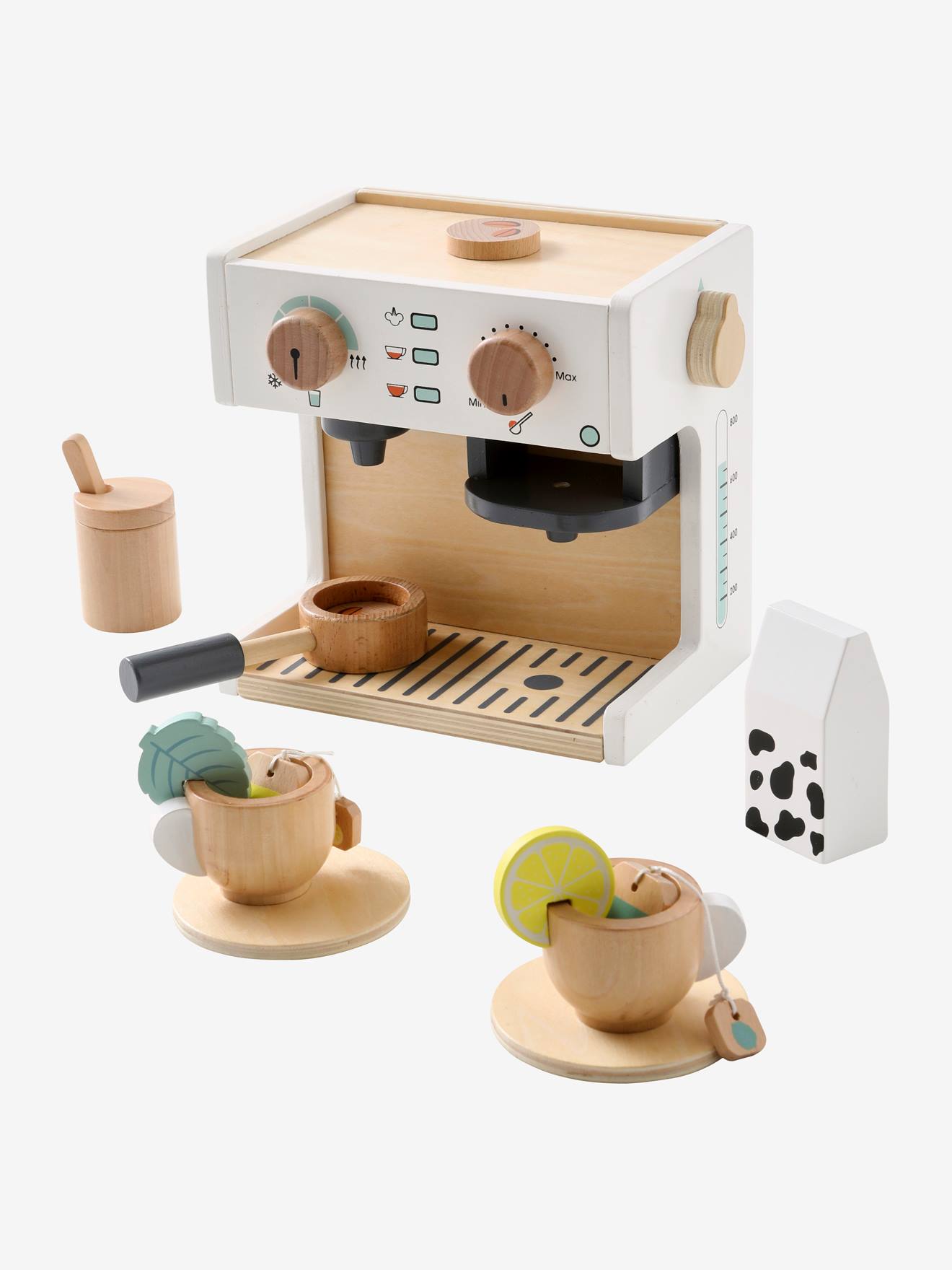 Máquina de café e chá, feita de madeira multicolorida.